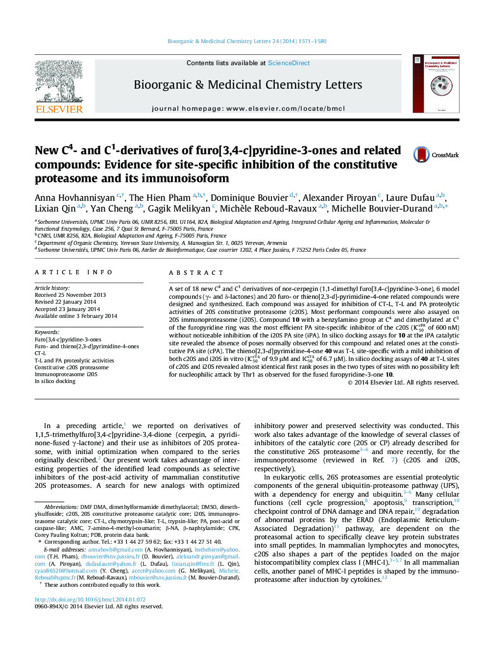 New C4- and C1-derivatives of furo[3,4-c]pyridine-3-ones and related compounds: Evidence for site-specific inhibition of the constitutive proteasome and its immunoisoform