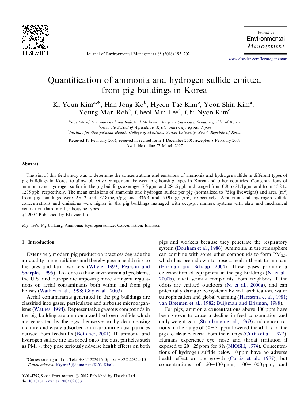 Quantification of ammonia and hydrogen sulfide emitted from pig buildings in Korea