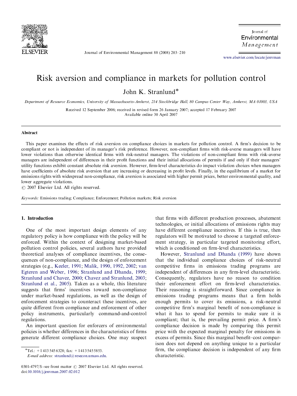 Risk aversion and compliance in markets for pollution control