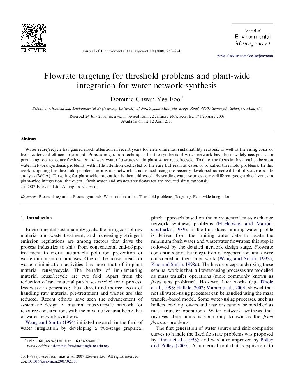 Flowrate targeting for threshold problems and plant-wide integration for water network synthesis