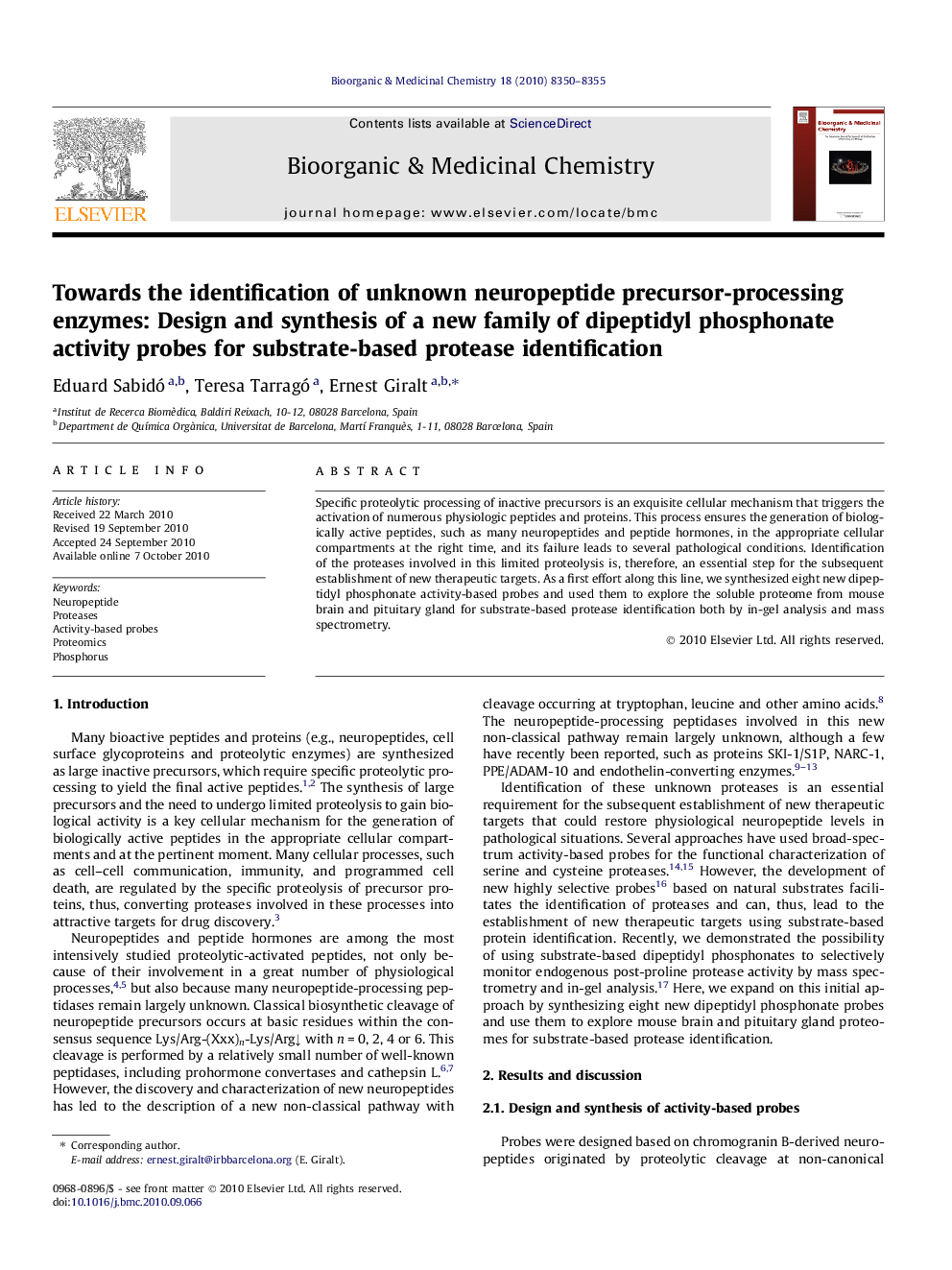 Towards the identification of unknown neuropeptide precursor-processing enzymes: Design and synthesis of a new family of dipeptidyl phosphonate activity probes for substrate-based protease identification