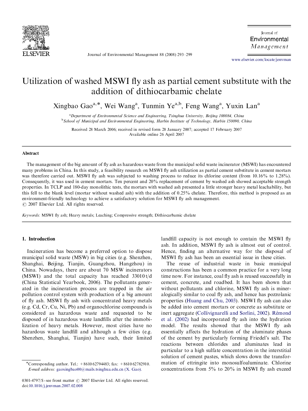 Utilization of washed MSWI fly ash as partial cement substitute with the addition of dithiocarbamic chelate