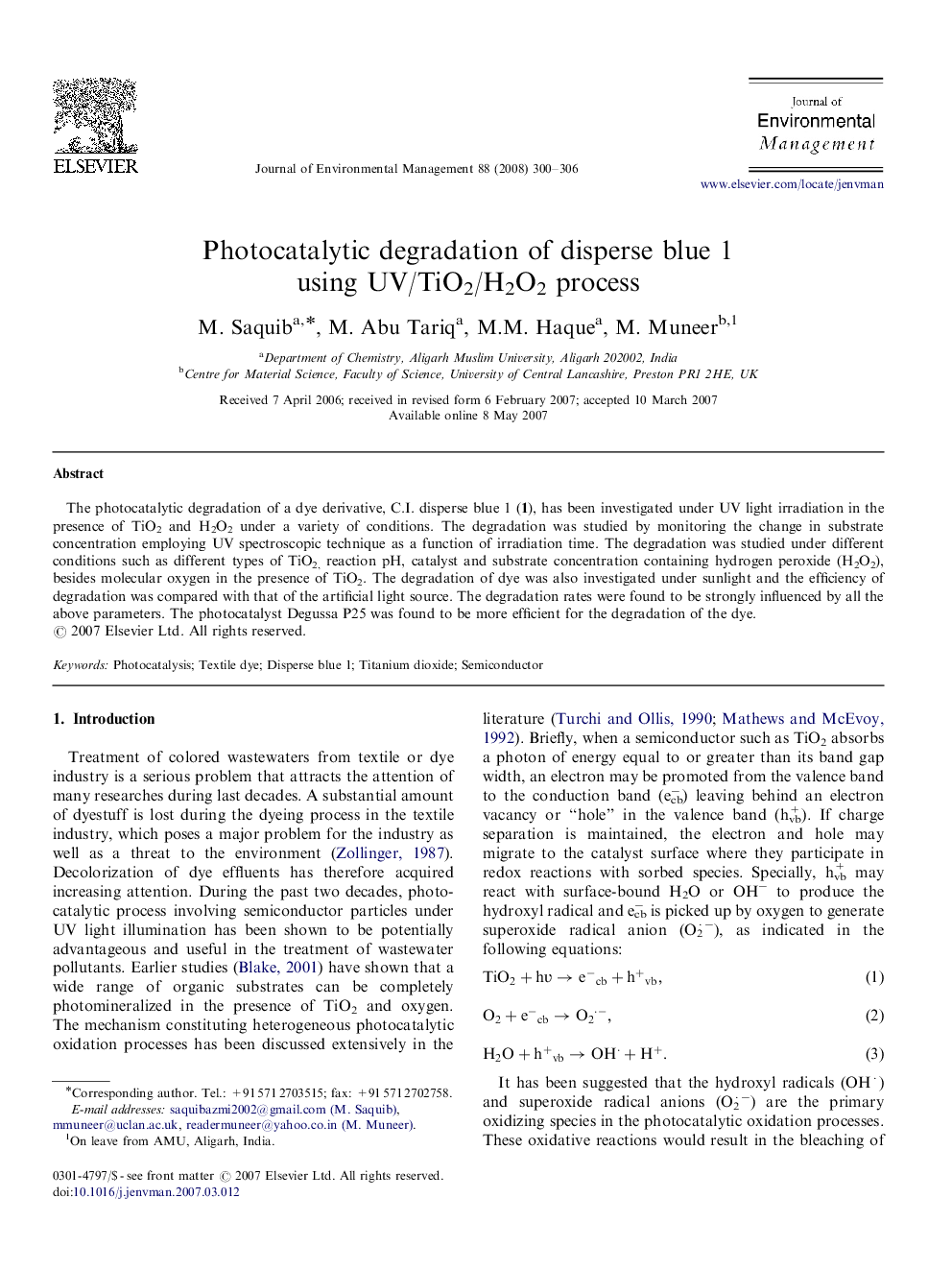 Photocatalytic degradation of disperse blue 1 using UV/TiO2/H2O2 process