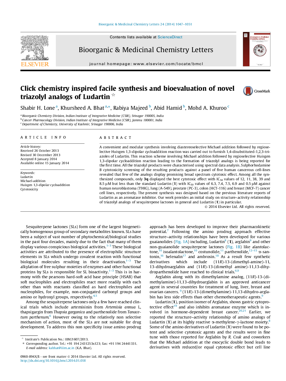 Click chemistry inspired facile synthesis and bioevaluation of novel triazolyl analogs of Ludartin