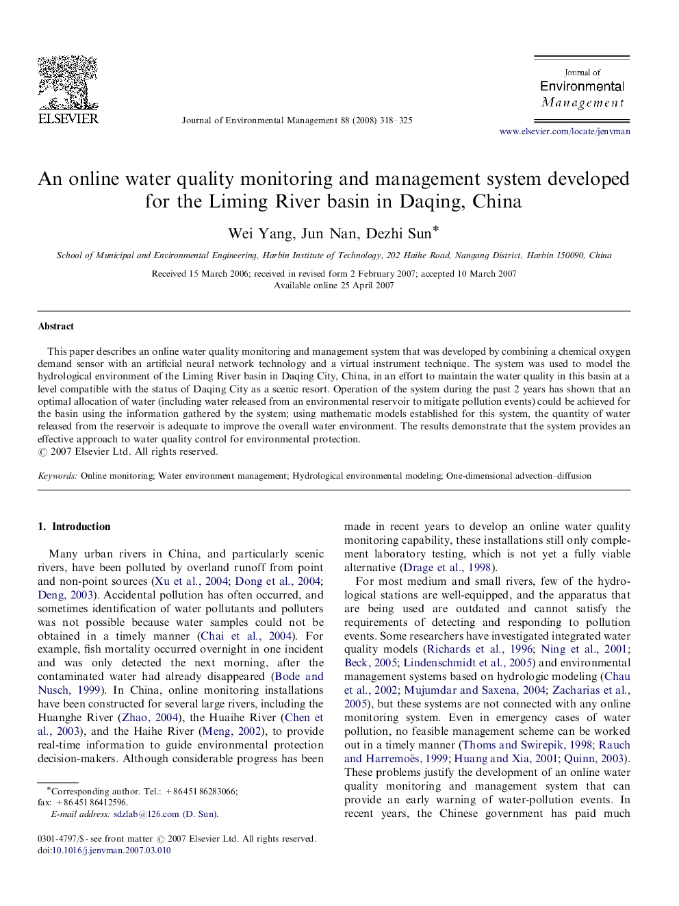 An online water quality monitoring and management system developed for the Liming River basin in Daqing, China