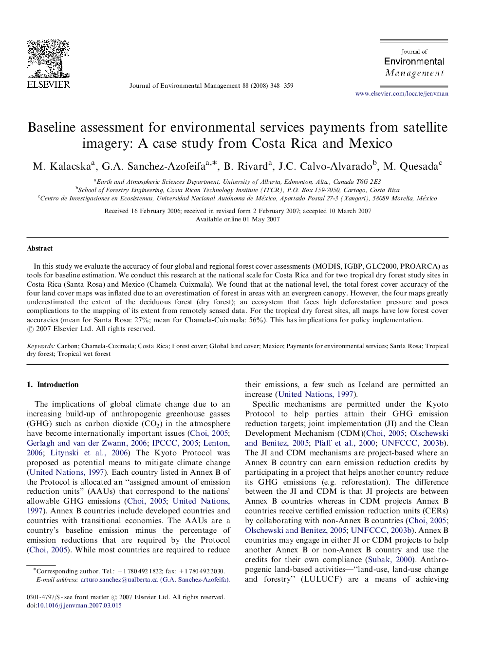 Baseline assessment for environmental services payments from satellite imagery: A case study from Costa Rica and Mexico