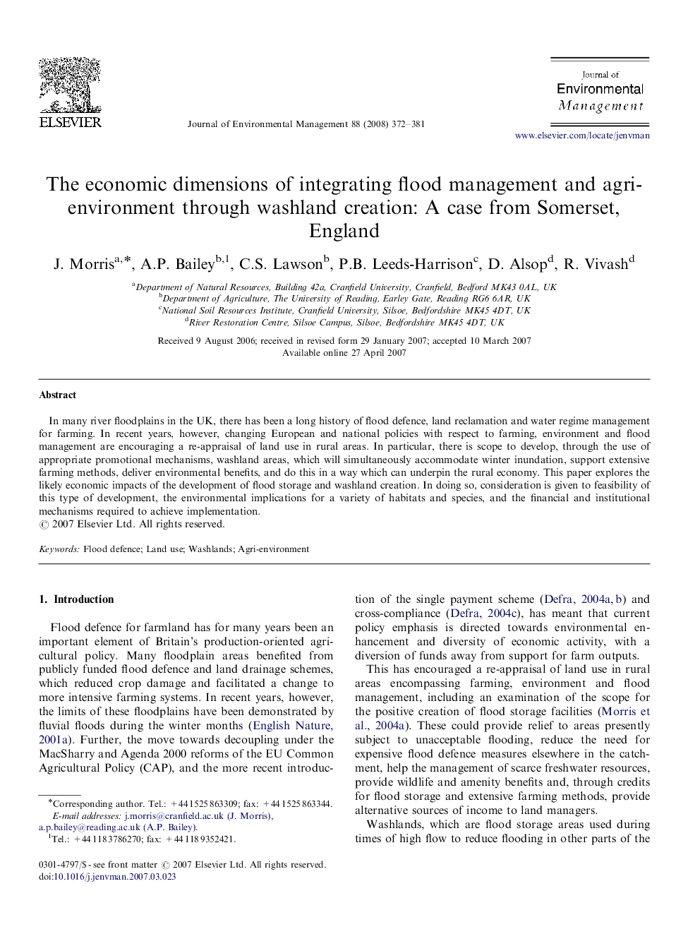 The economic dimensions of integrating flood management and agri-environment through washland creation: A case from Somerset, England