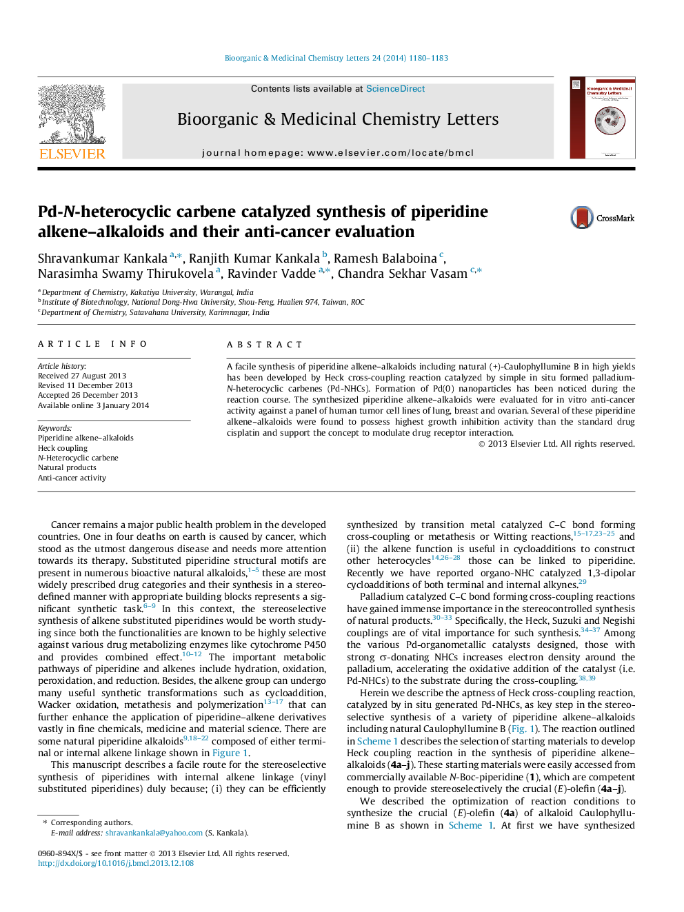 Pd-N-heterocyclic carbene catalyzed synthesis of piperidine alkene-alkaloids and their anti-cancer evaluation