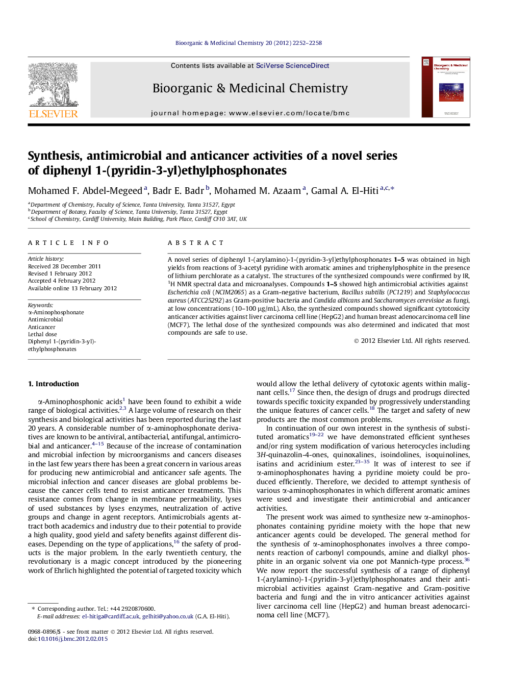 Synthesis, antimicrobial and anticancer activities of a novel series of diphenyl 1-(pyridin-3-yl)ethylphosphonates