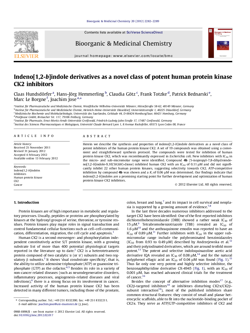 Indeno[1,2-b]indole derivatives as a novel class of potent human protein kinase CK2 inhibitors