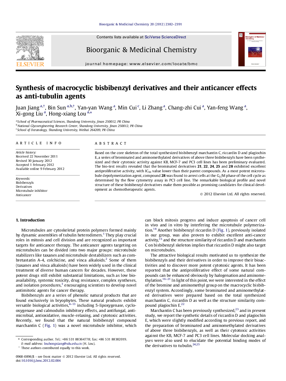 Synthesis of macrocyclic bisbibenzyl derivatives and their anticancer effects as anti-tubulin agents