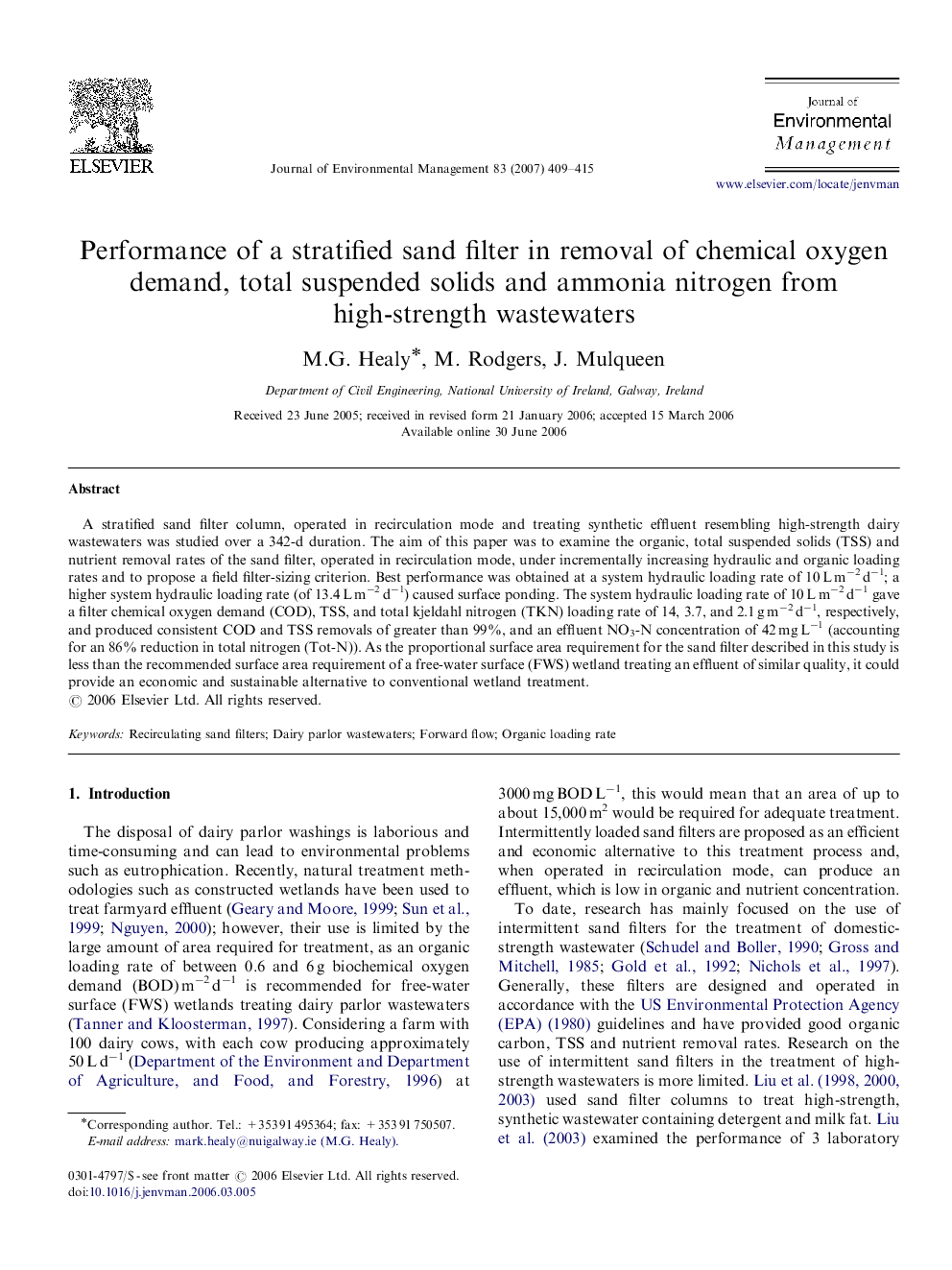 Performance of a stratified sand filter in removal of chemical oxygen demand, total suspended solids and ammonia nitrogen from high-strength wastewaters