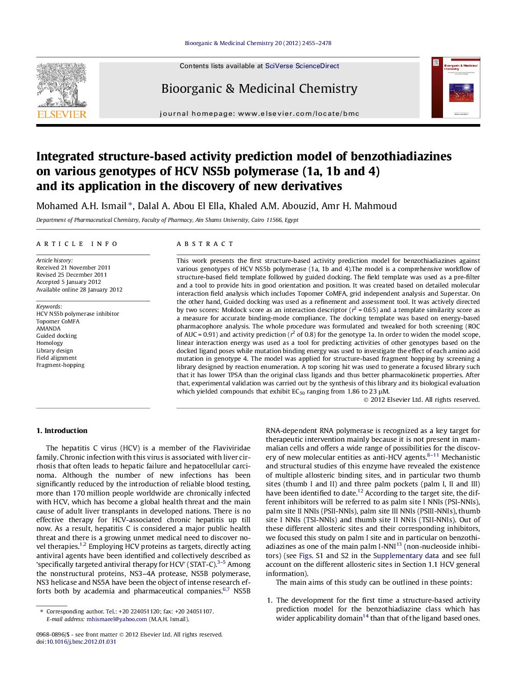 Integrated structure-based activity prediction model of benzothiadiazines on various genotypes of HCV NS5b polymerase (1a, 1b and 4) and its application in the discovery of new derivatives