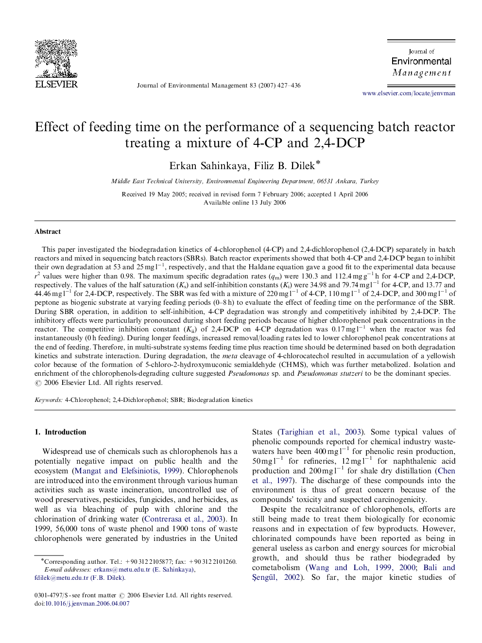 Effect of feeding time on the performance of a sequencing batch reactor treating a mixture of 4-CP and 2,4-DCP