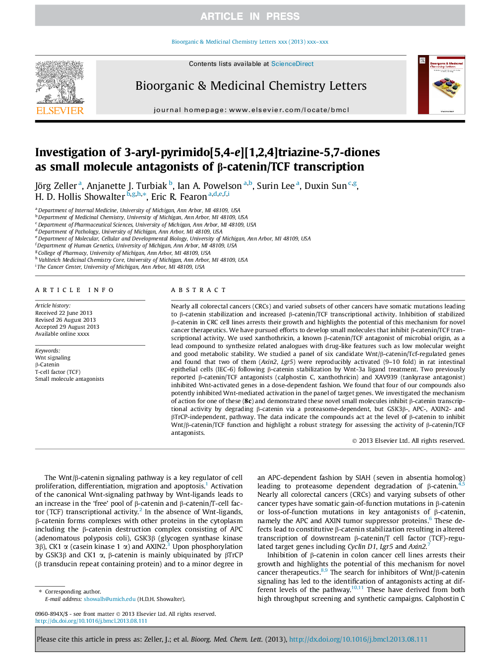 Investigation of 3-aryl-pyrimido[5,4-e][1,2,4]triazine-5,7-diones as small molecule antagonists of Î²-catenin/TCF transcription
