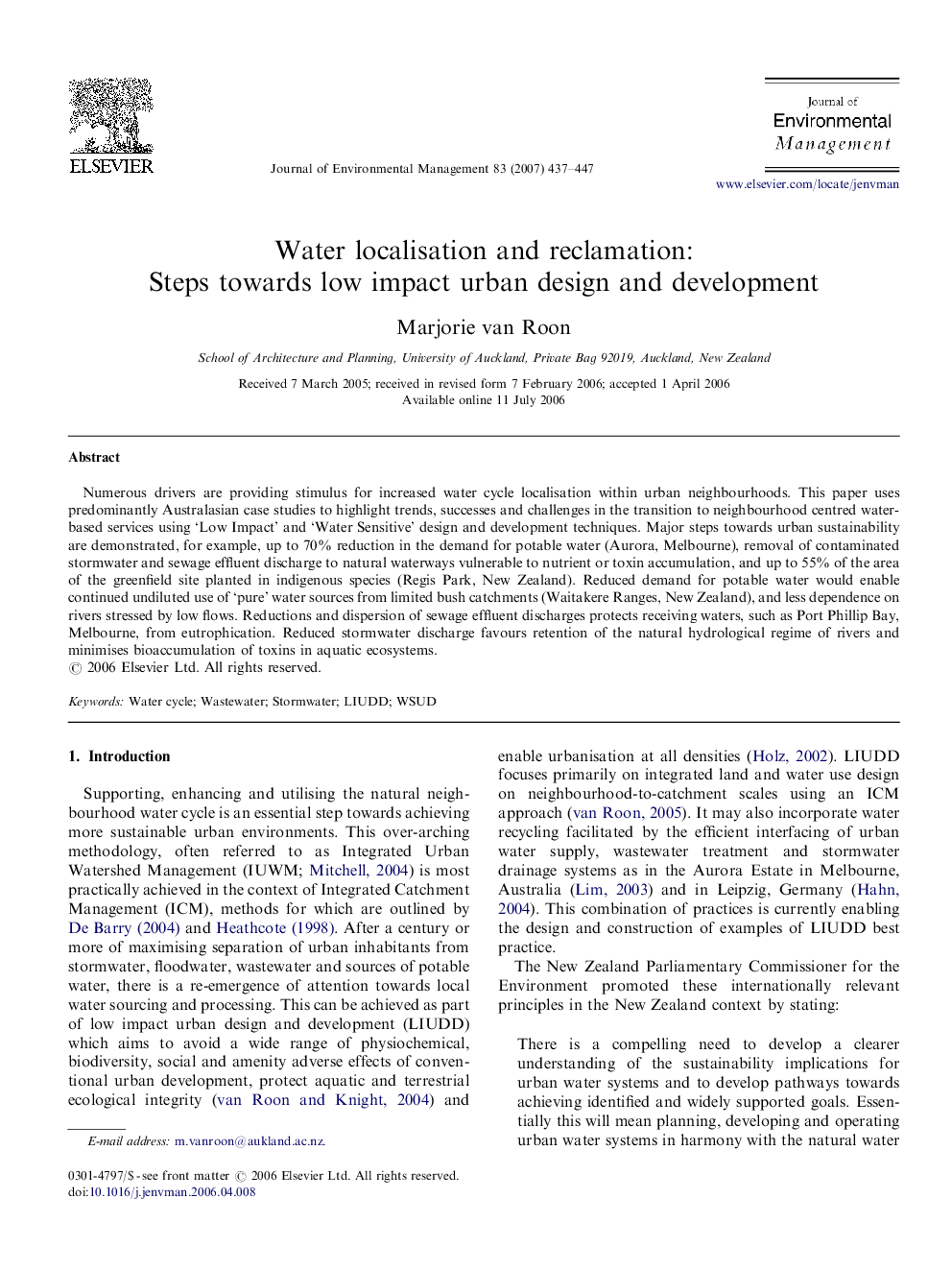 Water localisation and reclamation: Steps towards low impact urban design and development