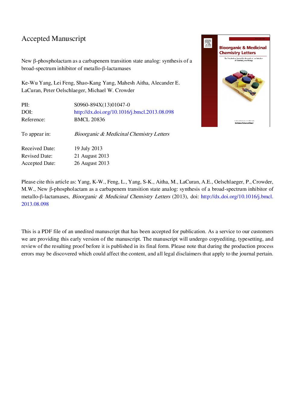 New Î²-phospholactam as a carbapenem transition state analog: Synthesis of a broad-spectrum inhibitor of metallo-Î²-lactamases