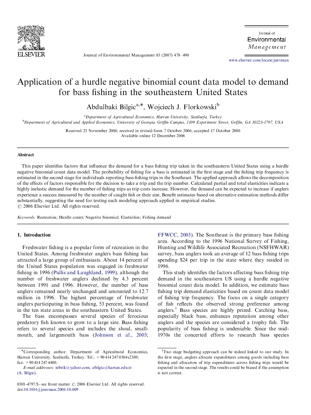 Application of a hurdle negative binomial count data model to demand for bass fishing in the southeastern United States