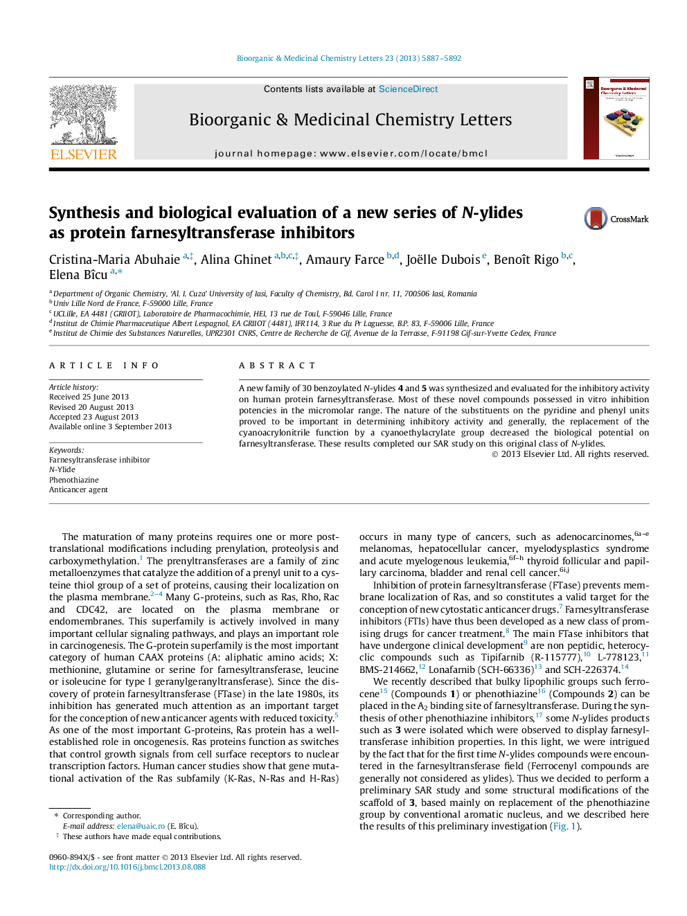 Synthesis and biological evaluation of a new series of N-ylides as protein farnesyltransferase inhibitors