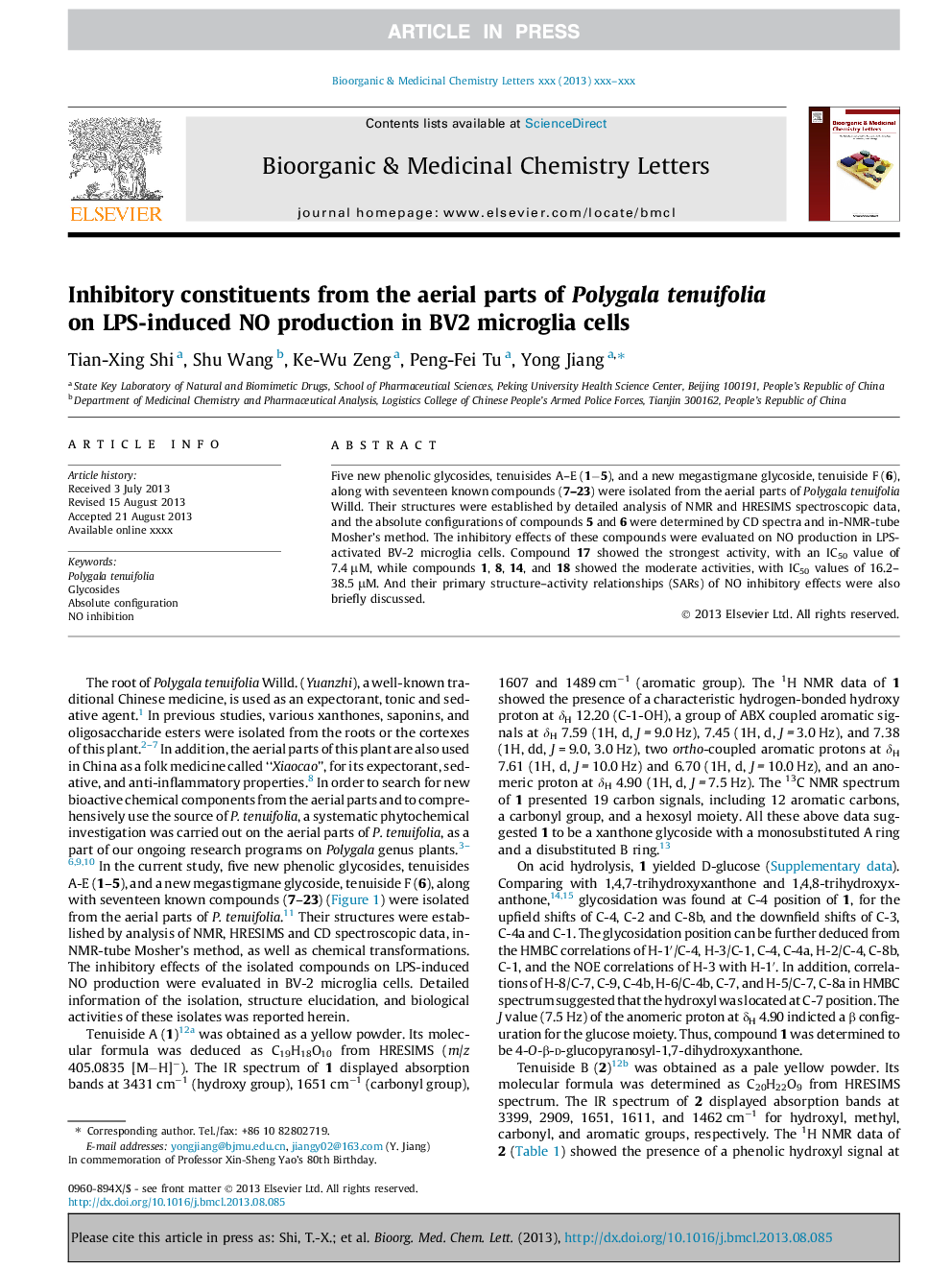 Inhibitory constituents from the aerial parts of Polygala tenuifolia on LPS-induced NO production in BV2 microglia cells