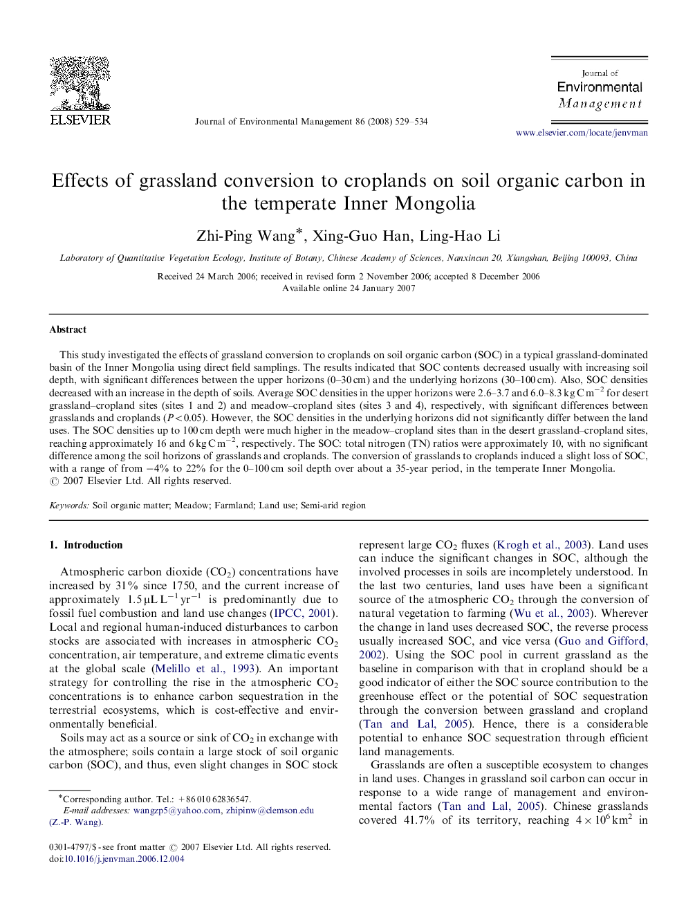 Effects of grassland conversion to croplands on soil organic carbon in the temperate Inner Mongolia