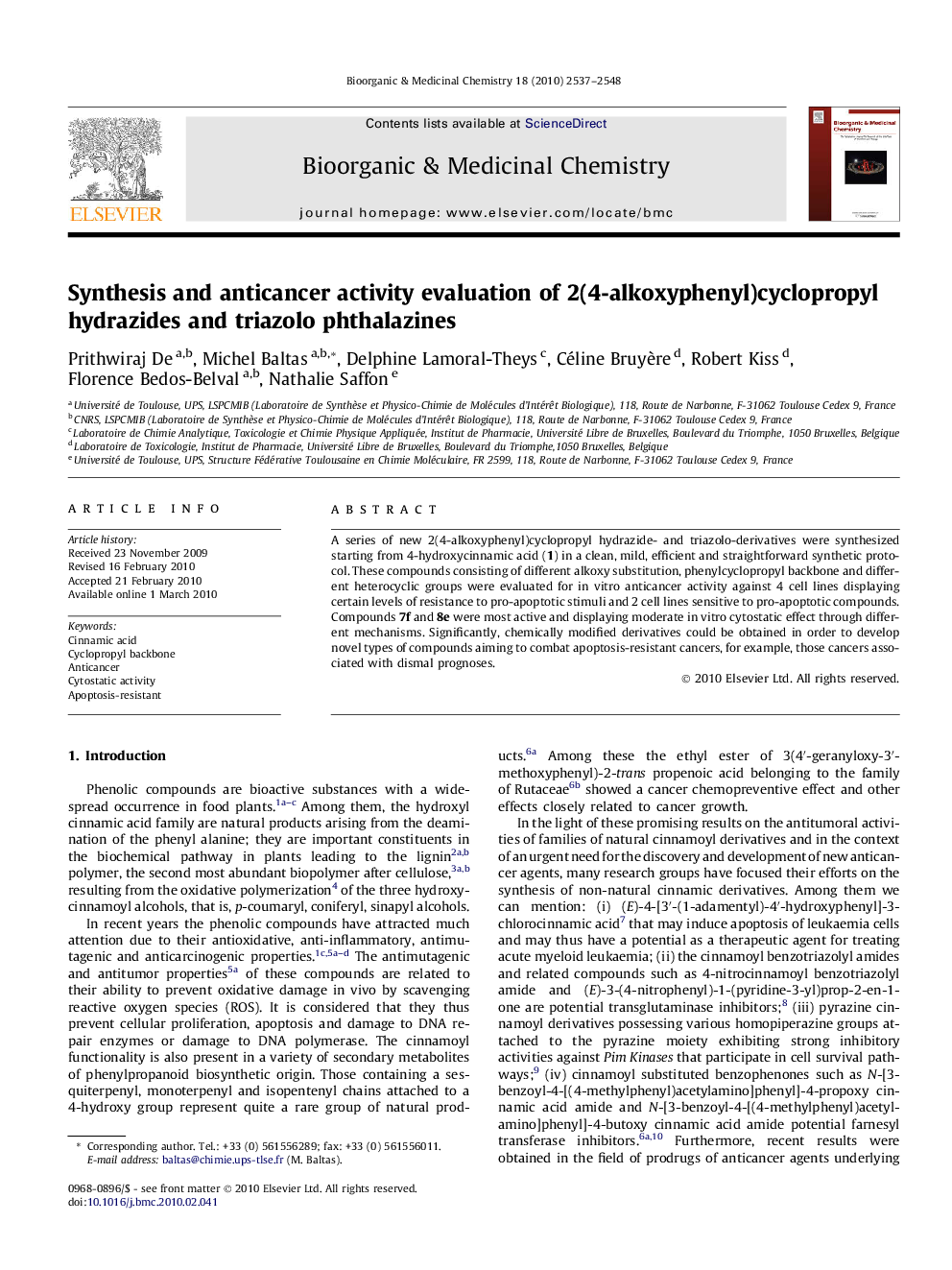 Synthesis and anticancer activity evaluation of 2(4-alkoxyphenyl)cyclopropyl hydrazides and triazolo phthalazines