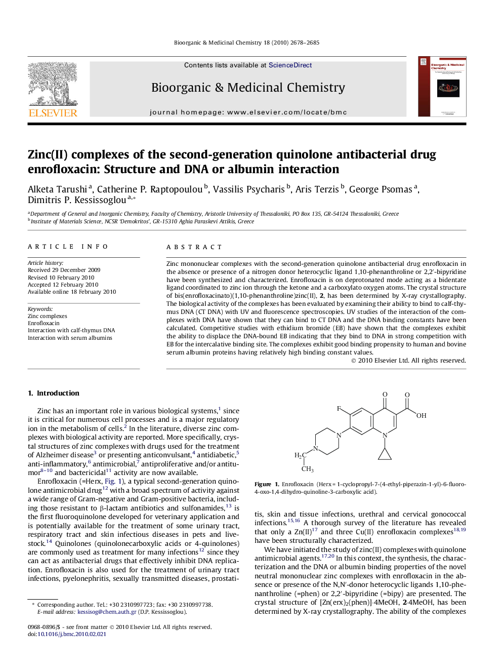 Zinc(II) complexes of the second-generation quinolone antibacterial drug enrofloxacin: Structure and DNA or albumin interaction