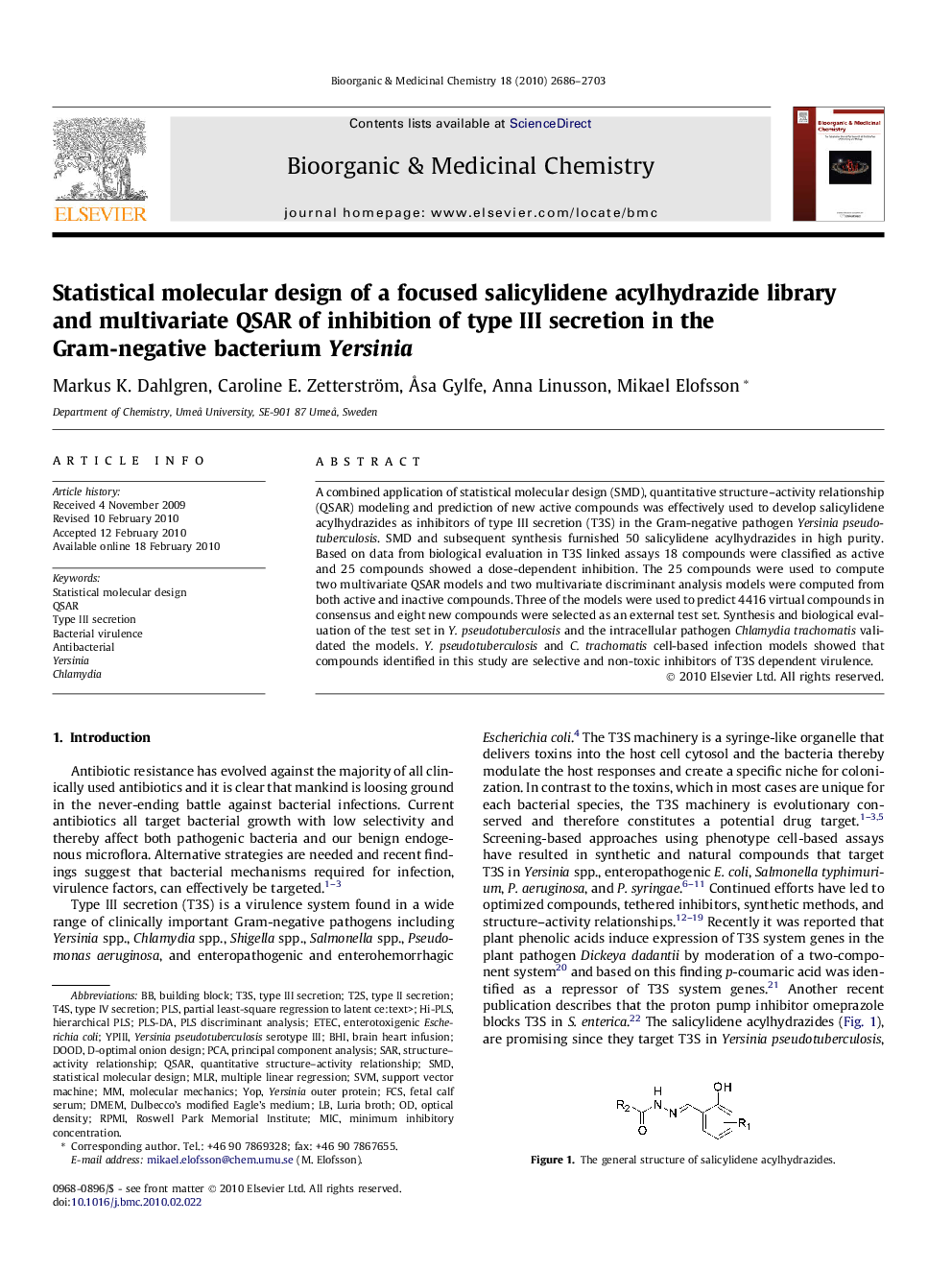 عکس صفحه اول مقاله: Statistical molecular design of a focused salicylidene acylhydrazide library and multivariate QSAR of inhibition of type III secretion in the Gram-negative bacterium Yersinia Statistical molecular design of a focused salicylidene acylhydrazide library and multivariate QSAR of inhibition of type III secretion in the Gram-negative bacterium Yersinia