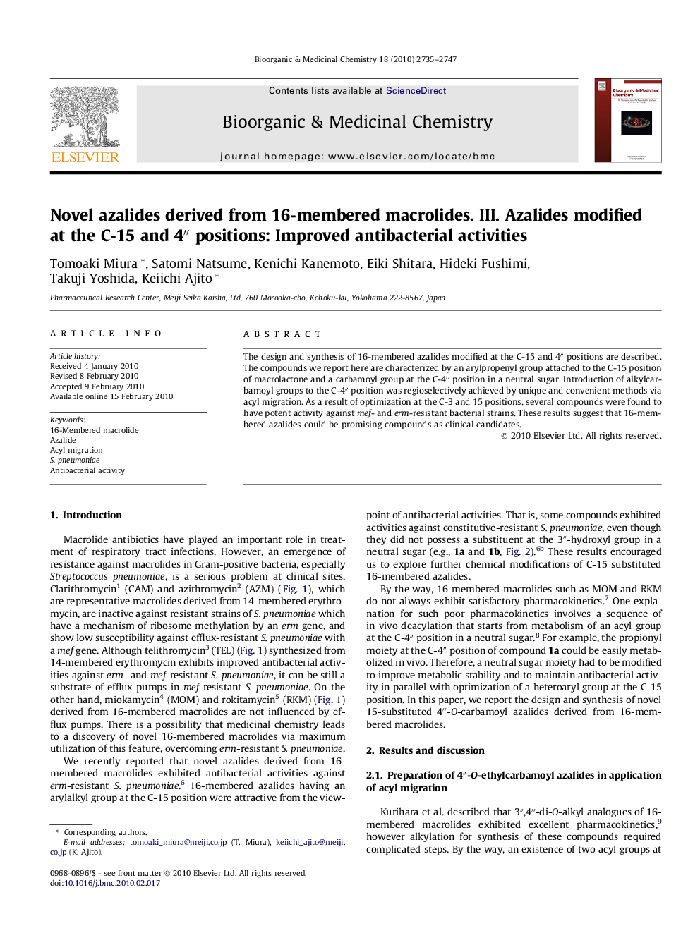 Novel azalides derived from 16-membered macrolides. III. Azalides modified at the C-15 and 4â³ positions: Improved antibacterial activities