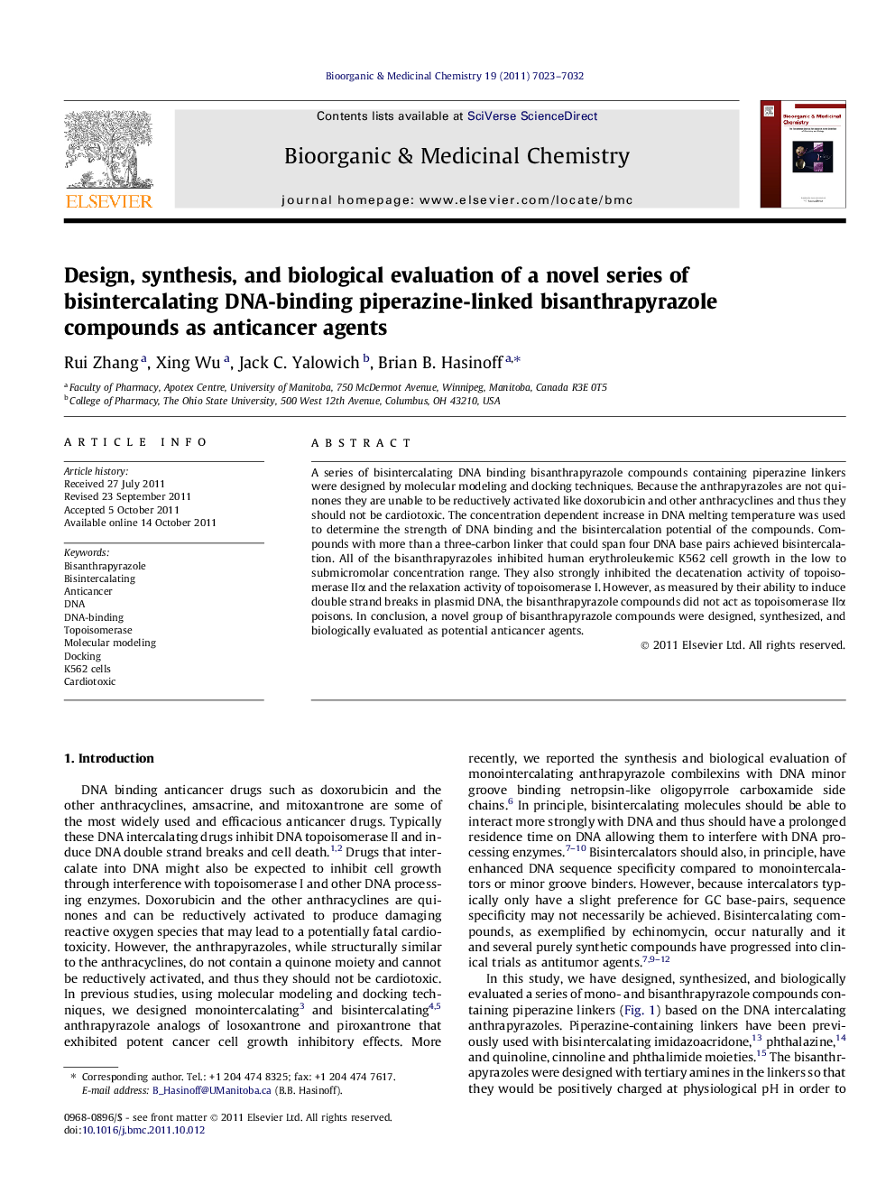 Design, synthesis, and biological evaluation of a novel series of bisintercalating DNA-binding piperazine-linked bisanthrapyrazole compounds as anticancer agents