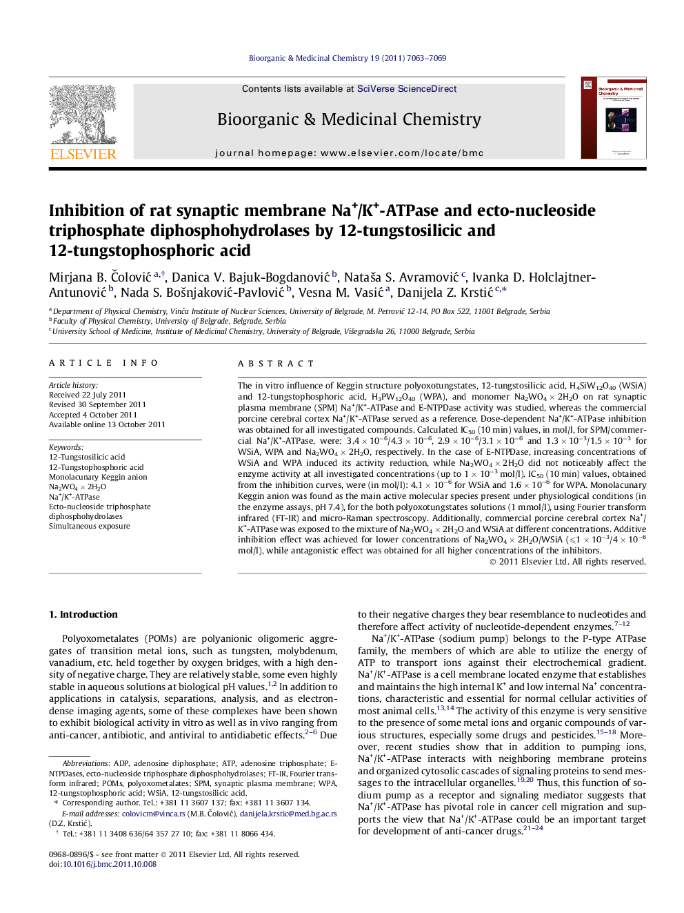 Inhibition of rat synaptic membrane Na+/K+-ATPase and ecto-nucleoside triphosphate diphosphohydrolases by 12-tungstosilicic and 12-tungstophosphoric acid