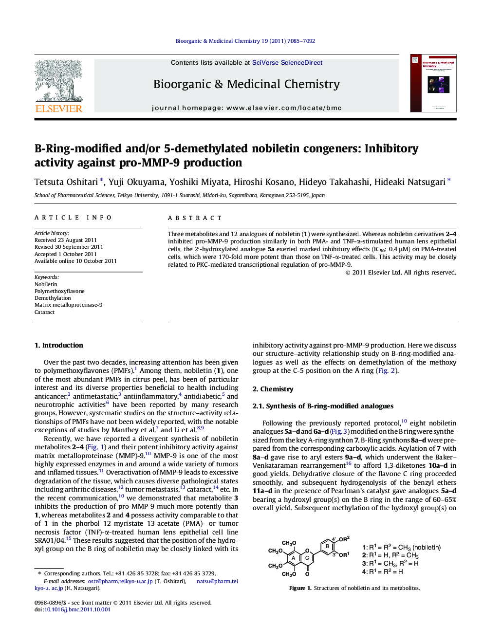 B-Ring-modified and/or 5-demethylated nobiletin congeners: Inhibitory activity against pro-MMP-9 production