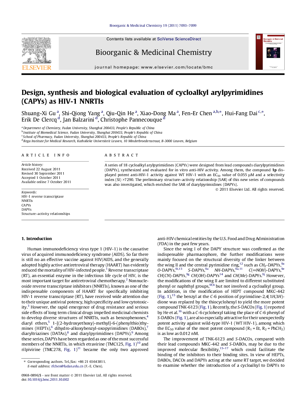 Design, synthesis and biological evaluation of cycloalkyl arylpyrimidines (CAPYs) as HIV-1 NNRTIs