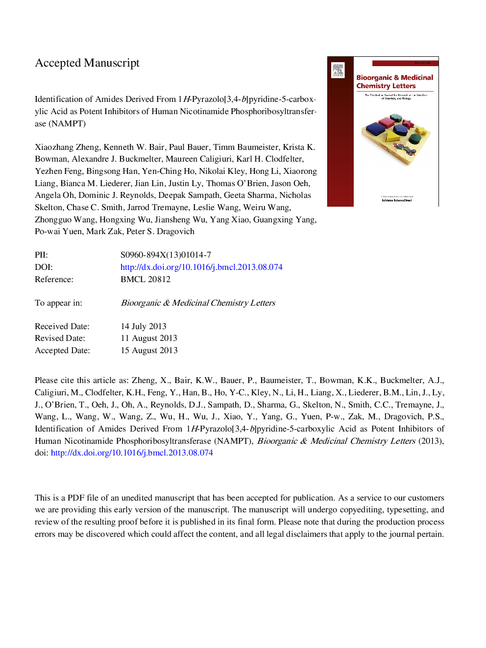 Identification of amides derived from 1H-pyrazolo[3,4-b]pyridine-5-carboxylic acid as potent inhibitors of human nicotinamide phosphoribosyltransferase (NAMPT)