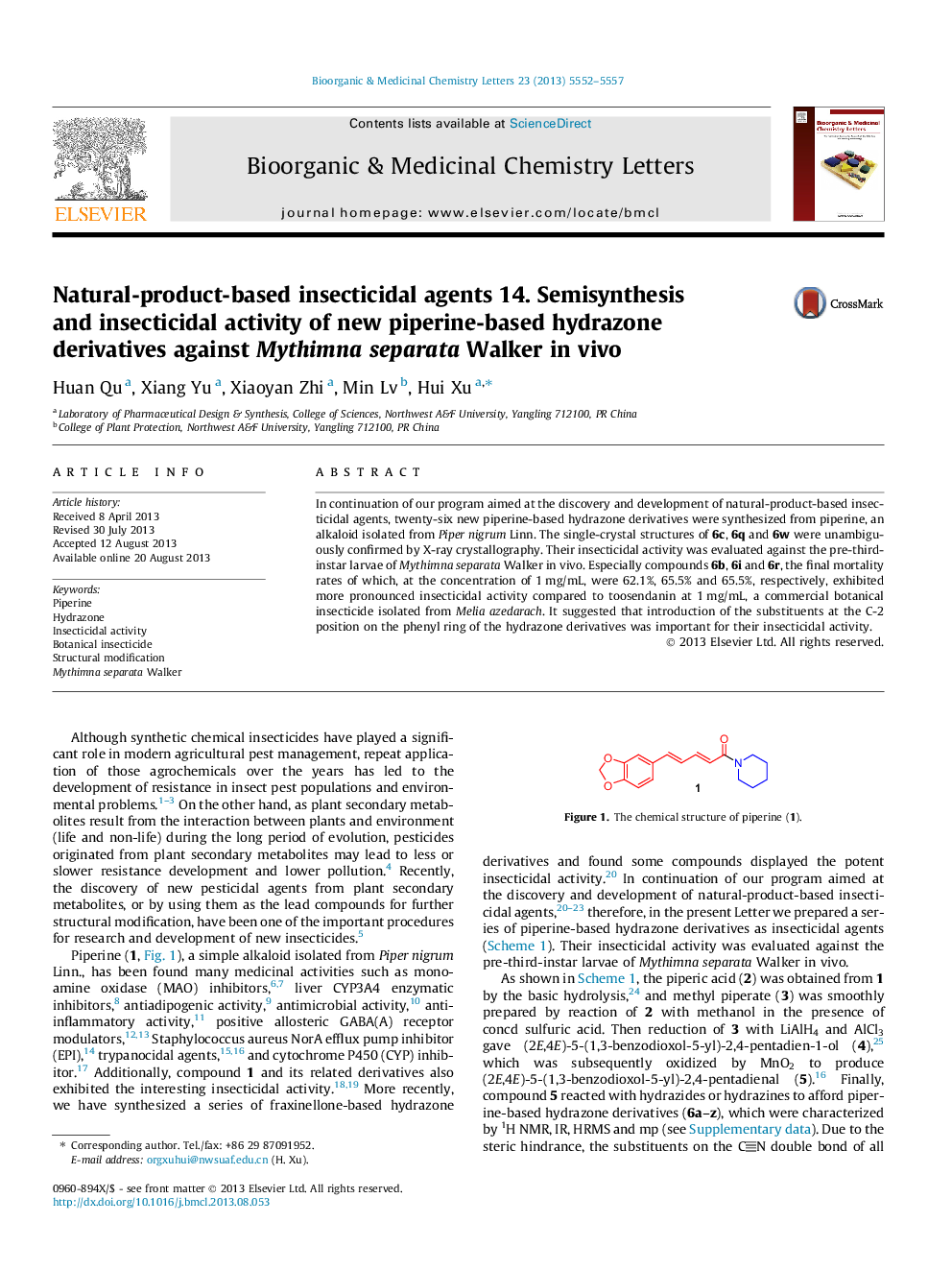 Natural-product-based insecticidal agents 14. Semisynthesis and insecticidal activity of new piperine-based hydrazone derivatives against Mythimna separata Walker in vivo