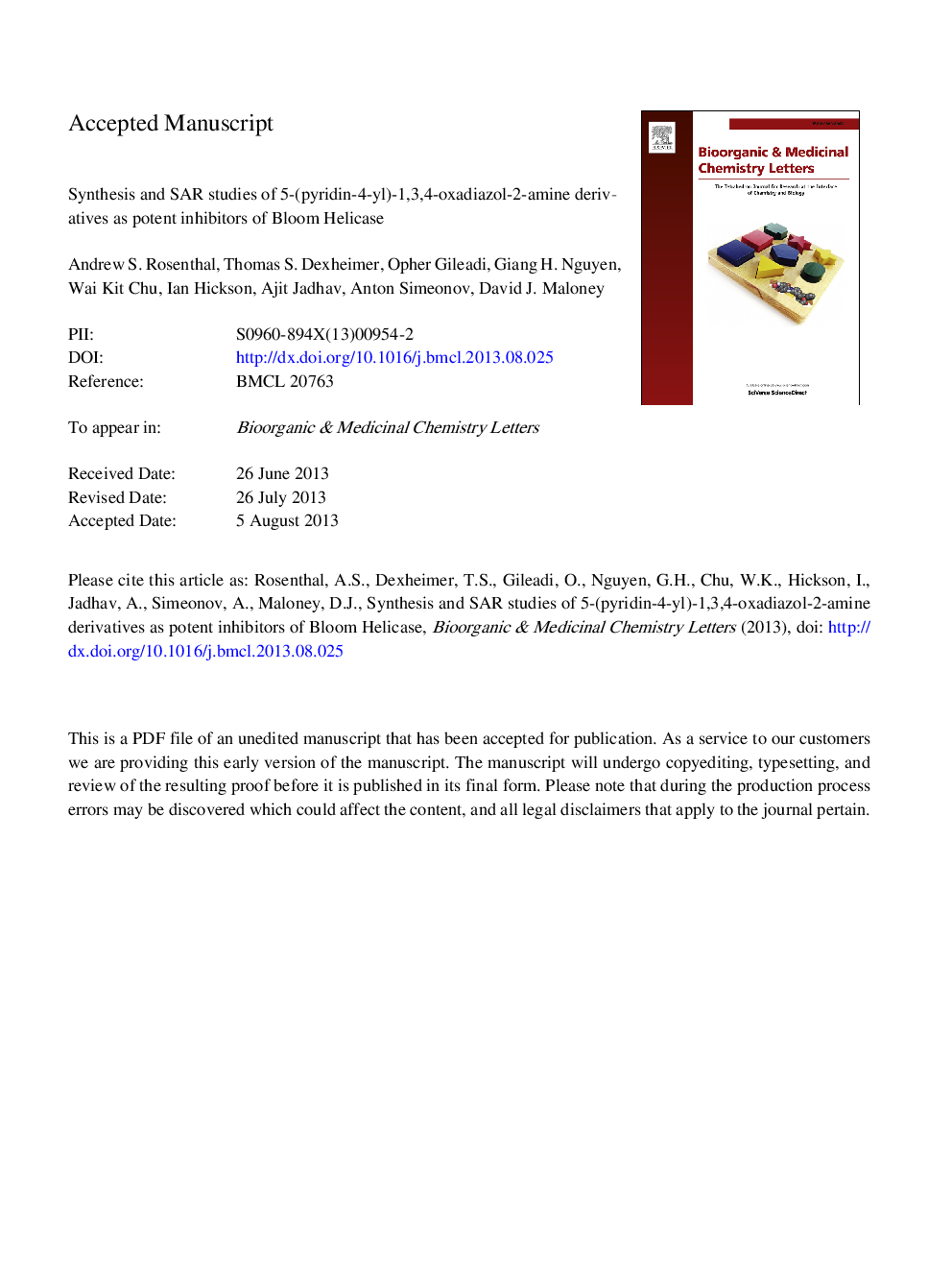 Synthesis and SAR studies of 5-(pyridin-4-yl)-1,3,4-thiadiazol-2-amine derivatives as potent inhibitors of Bloom helicase