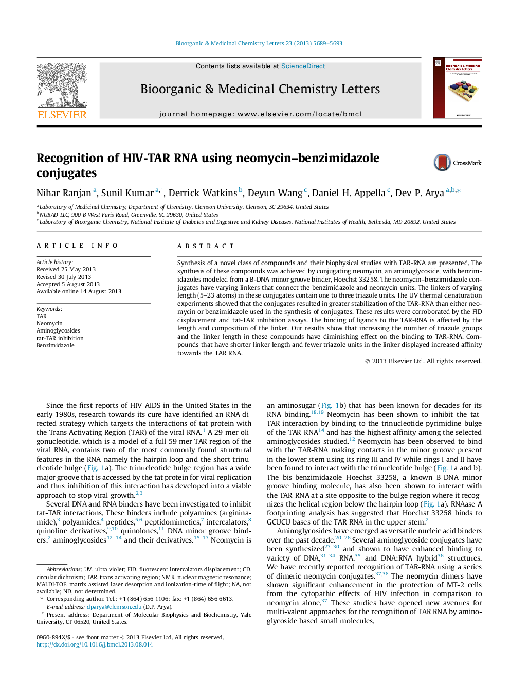 Recognition of HIV-TAR RNA using neomycin-benzimidazole conjugates