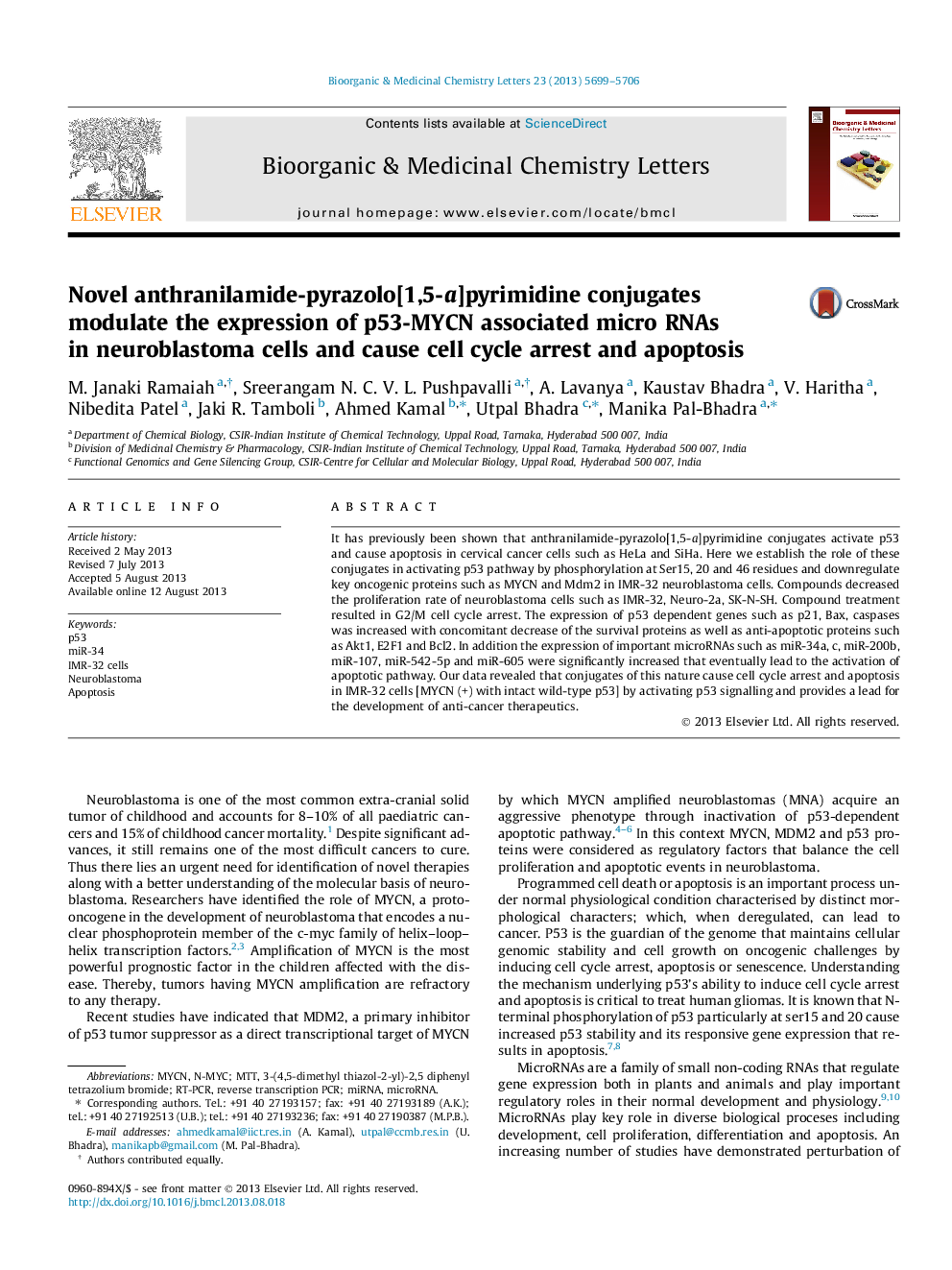 Novel anthranilamide-pyrazolo[1,5-a]pyrimidine conjugates modulate the expression of p53-MYCN associated micro RNAs in neuroblastoma cells and cause cell cycle arrest and apoptosis