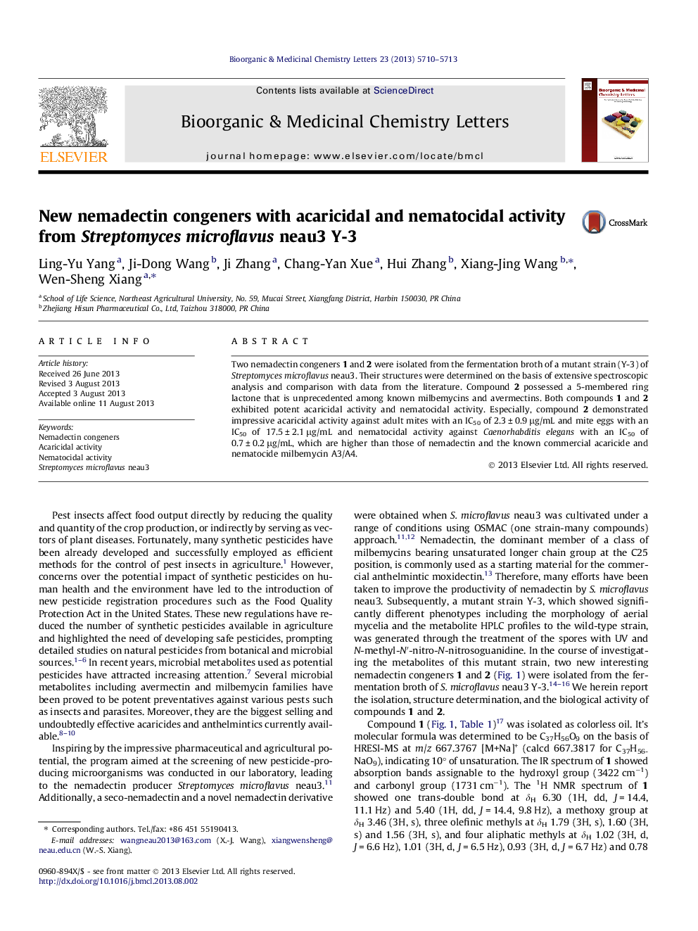 New nemadectin congeners with acaricidal and nematocidal activity from Streptomyces microflavus neau3 Y-3