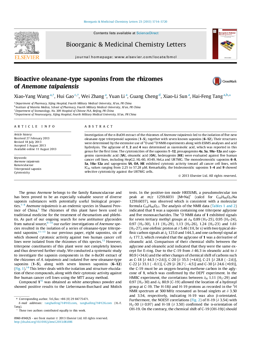 Bioactive oleanane-type saponins from the rhizomes of Anemone taipaiensis