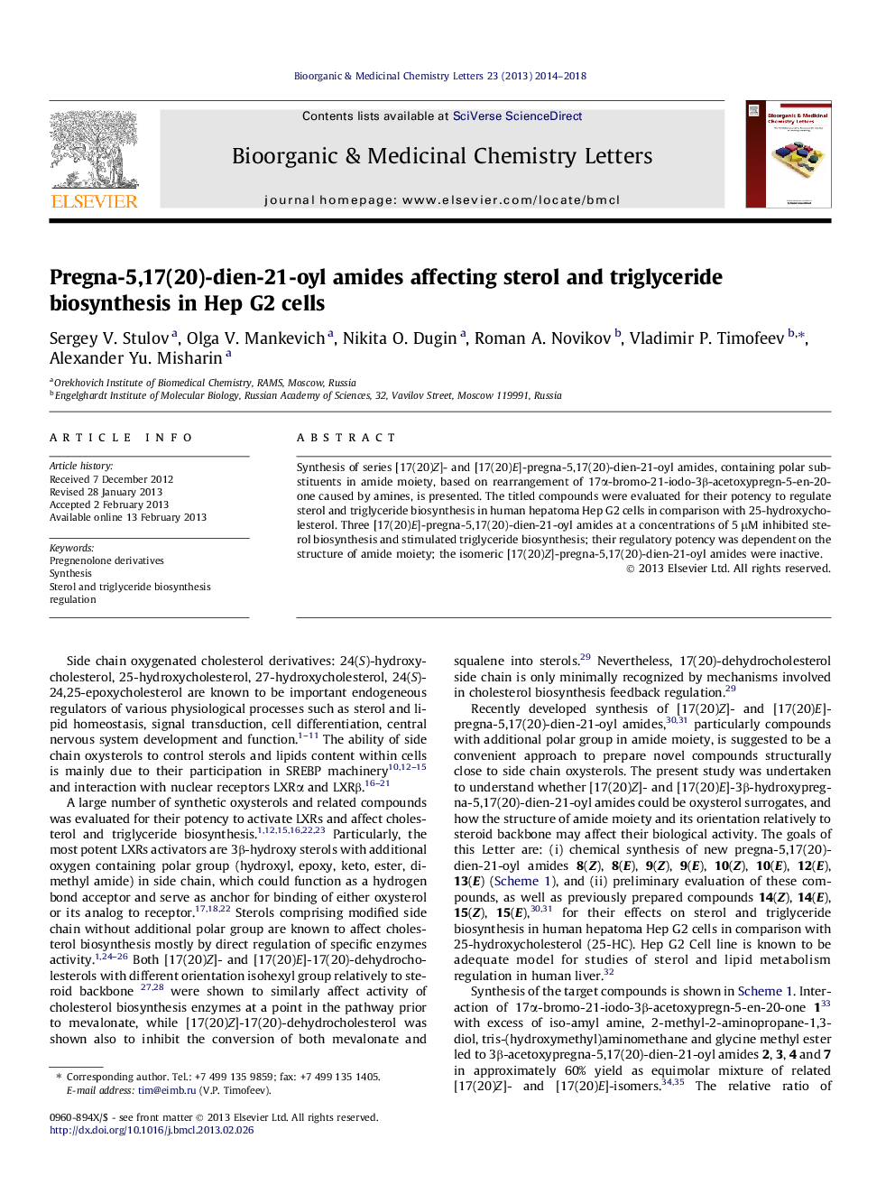 Pregna-5,17(20)-dien-21-oyl amides affecting sterol and triglyceride biosynthesis in Hep G2 cells