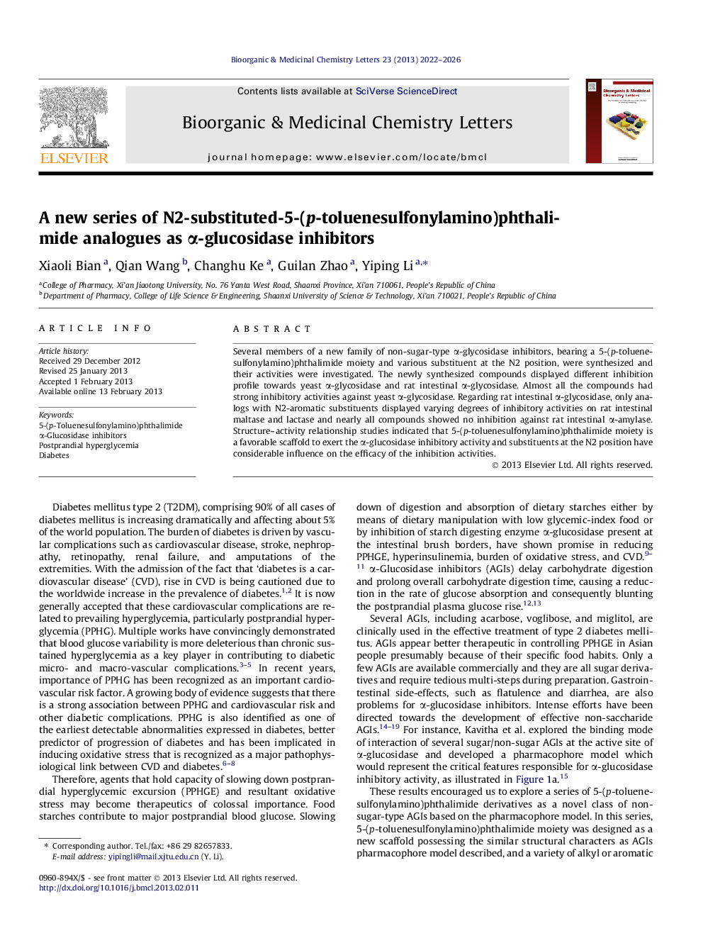 عکس صفحه اول مقاله: A new series of N2-substituted-5-(p-toluenesulfonylamino)phthalimide analogues as α-glucosidase inhibitors A new series of N2-substituted-5-(p-toluenesulfonylamino)phthalimide analogues as α-glucosidase inhibitors