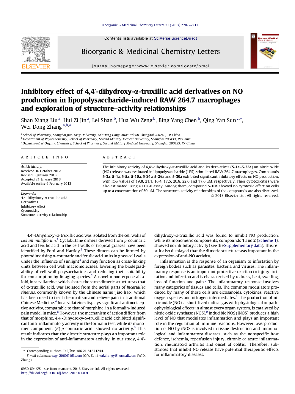 Inhibitory effect of 4,4â²-dihydroxy-Î±-truxillic acid derivatives on NO production in lipopolysaccharide-induced RAW 264.7 macrophages and exploration of structure-activity relationships