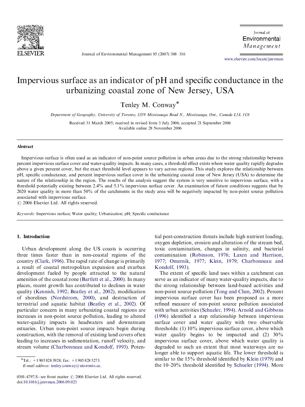 Impervious surface as an indicator of pH and specific conductance in the urbanizing coastal zone of New Jersey, USA