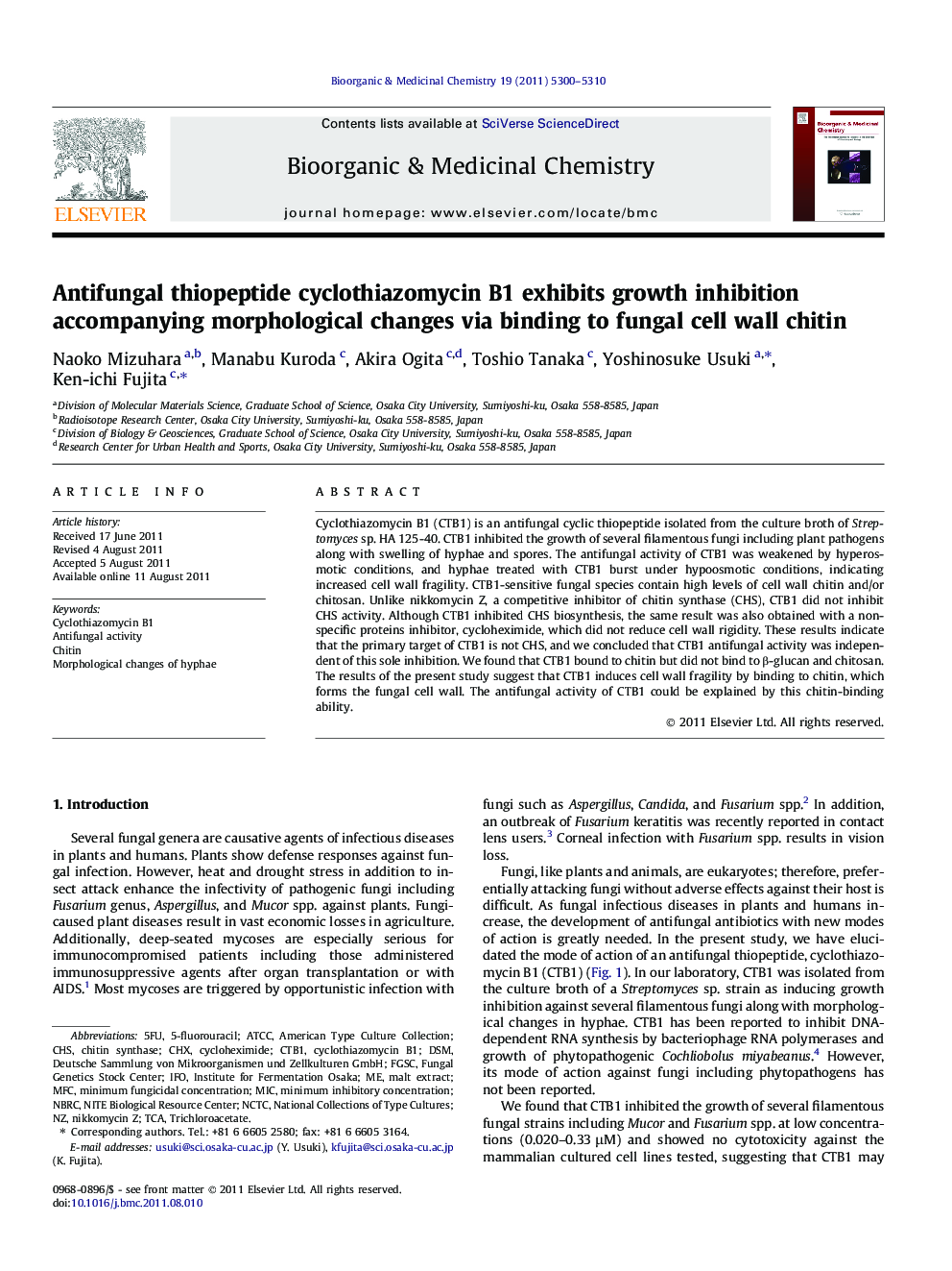 Antifungal thiopeptide cyclothiazomycin B1 exhibits growth inhibition accompanying morphological changes via binding to fungal cell wall chitin