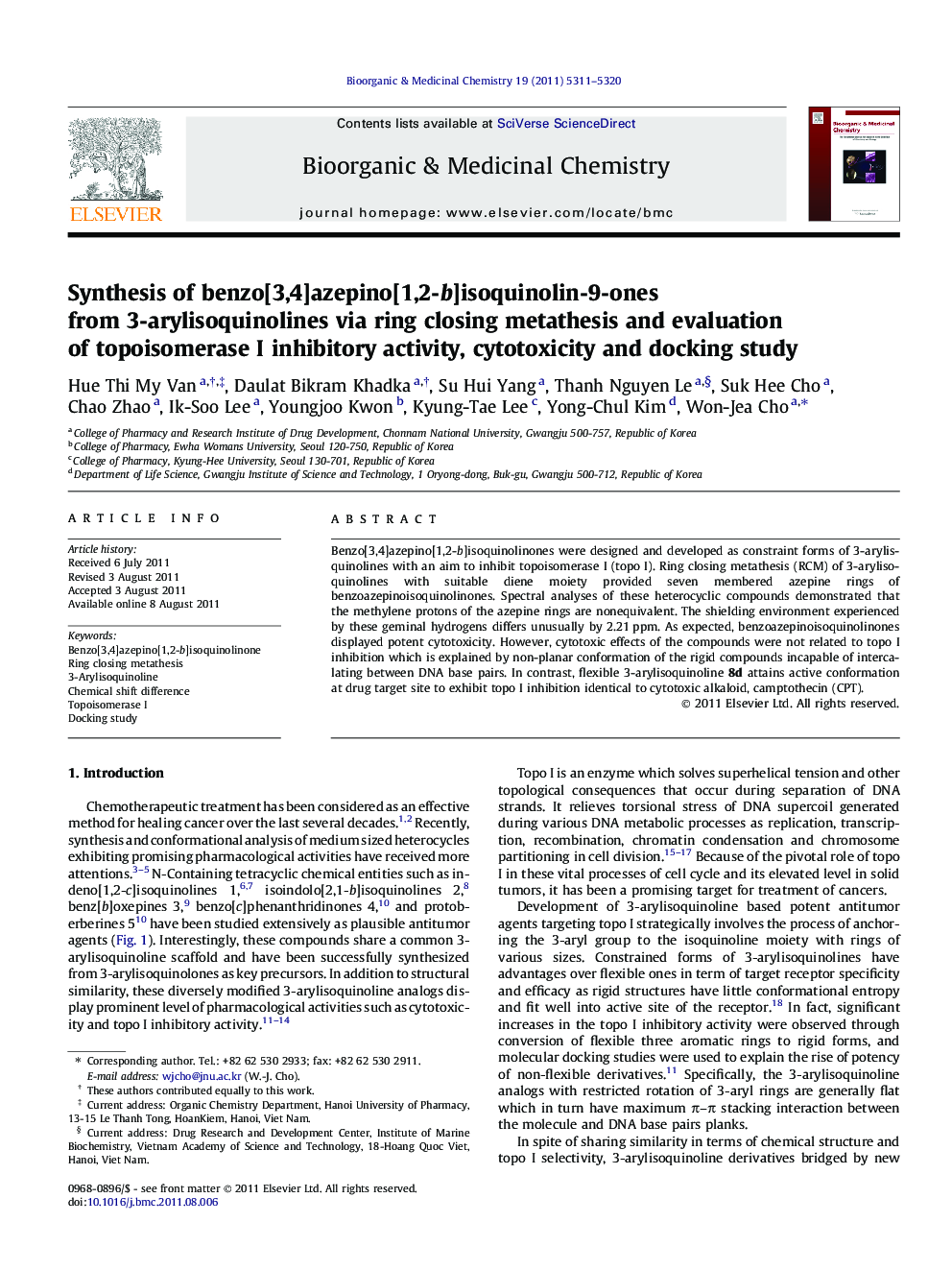 Synthesis of benzo[3,4]azepino[1,2-b]isoquinolin-9-ones from 3-arylisoquinolines via ring closing metathesis and evaluation of topoisomerase I inhibitory activity, cytotoxicity and docking study