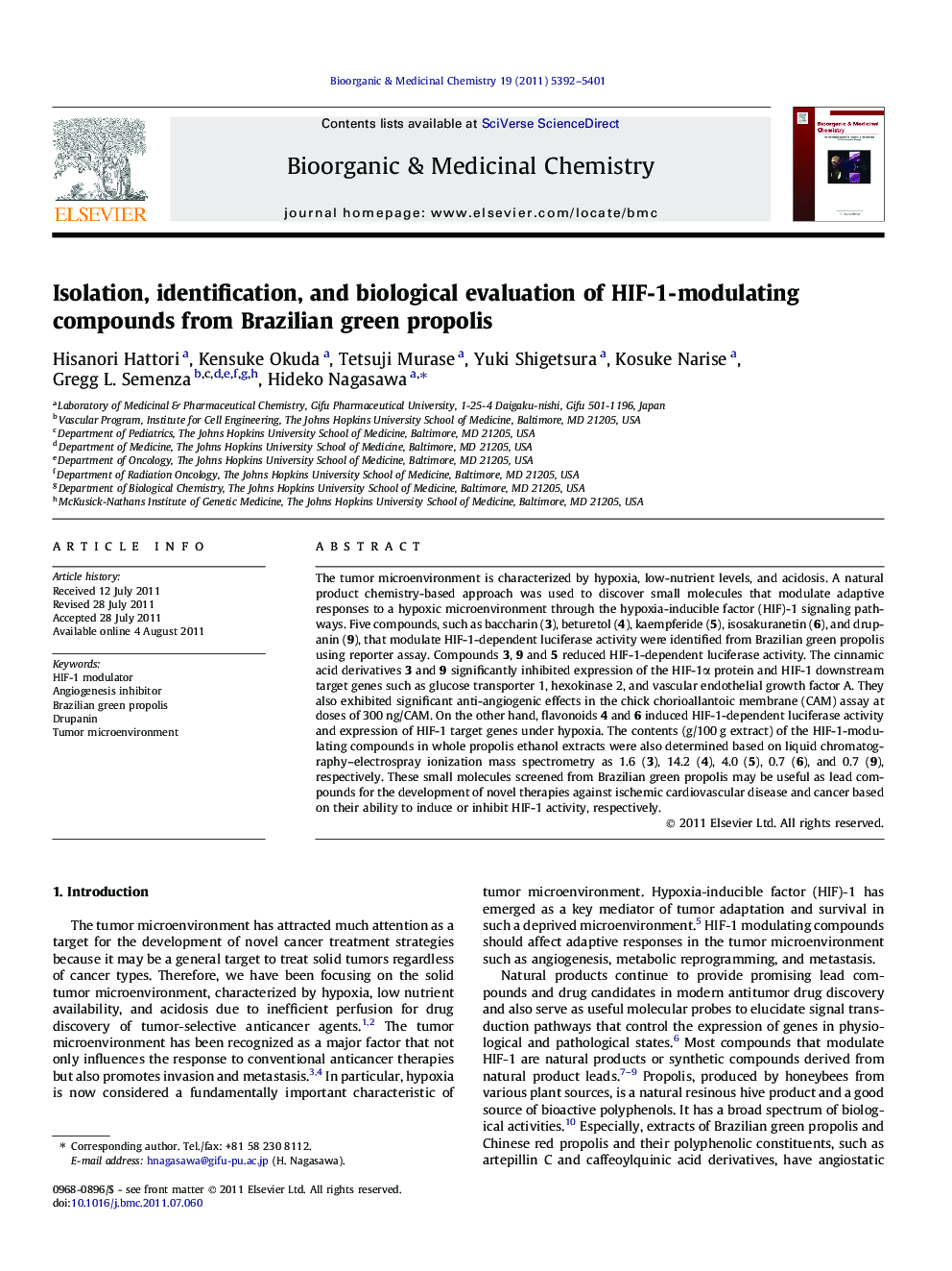 Isolation, identification, and biological evaluation of HIF-1-modulating compounds from Brazilian green propolis