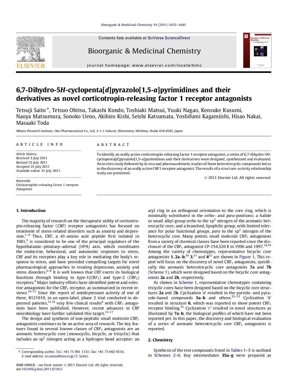 6,7-Dihydro-5H-cyclopenta[d]pyrazolo[1,5-a]pyrimidines and their derivatives as novel corticotropin-releasing factor 1 receptor antagonists