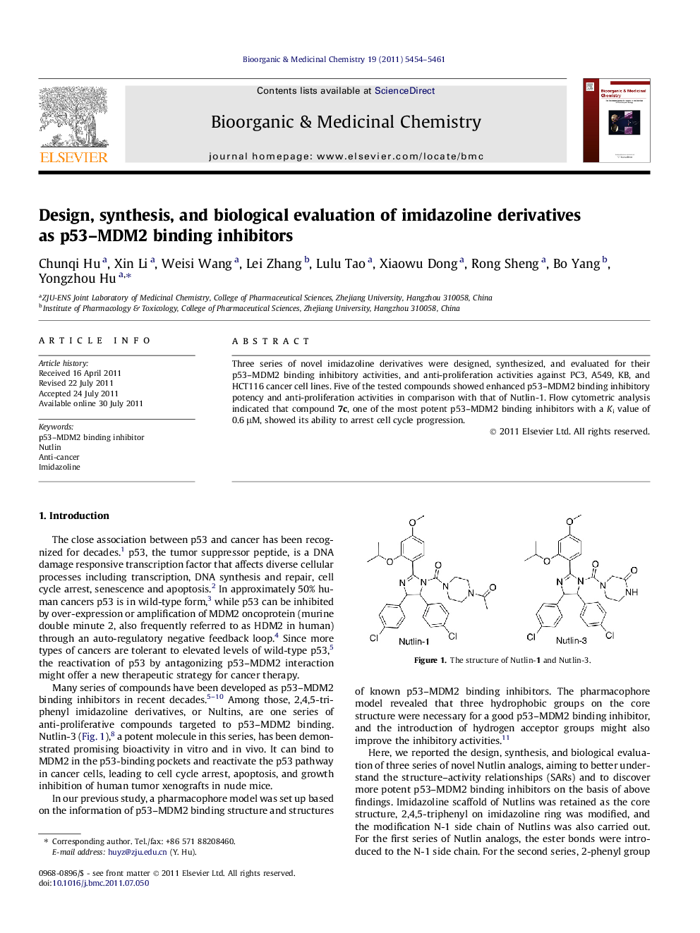 Design, synthesis, and biological evaluation of imidazoline derivatives as p53-MDM2 binding inhibitors