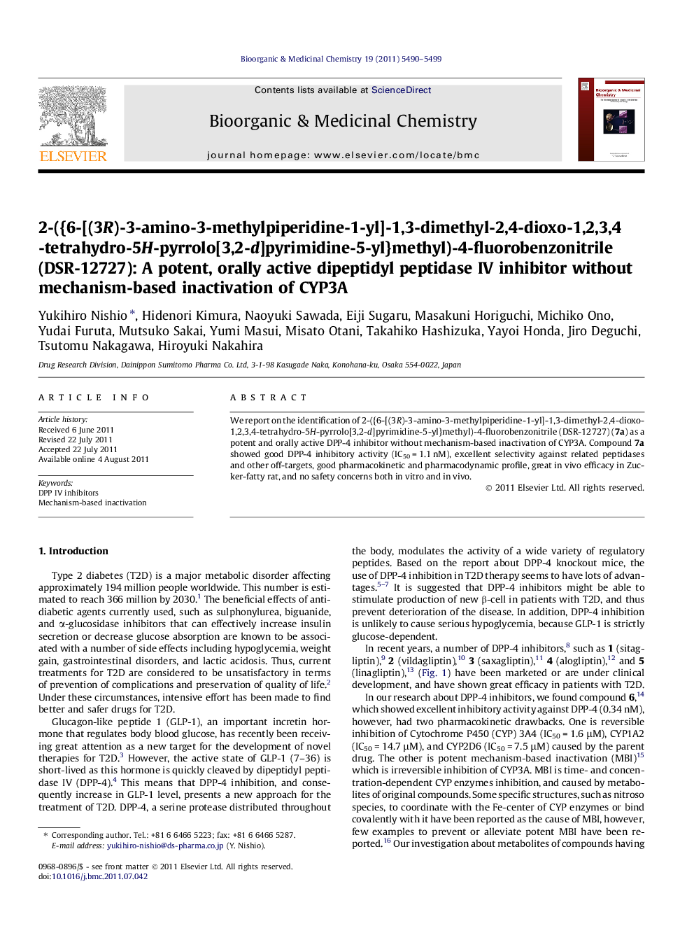 2-({6-[(3R)-3-amino-3-methylpiperidine-1-yl]-1,3-dimethyl-2,4-dioxo-1,2,3,4-tetrahydro-5H-pyrrolo[3,2-d]pyrimidine-5-yl}methyl)-4-fluorobenzonitrile (DSR-12727): A potent, orally active dipeptidyl peptidase IV inhibitor without mechanism-based inactivatio